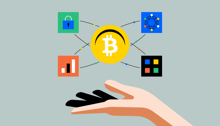 The Bitcoin logo, held up by a hand, to demonstrate secure peer-to-peer transactions.