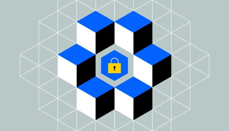 A lock on a grid, surrounded by cubes