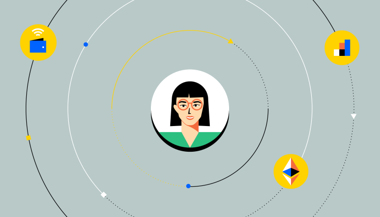 A person's face, surrounded by icons representing decentralized finance apps