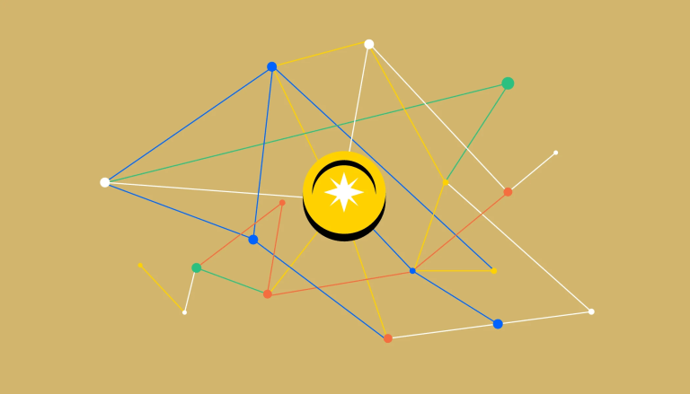 A web of colorful nodes connecting to a coin